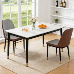 EONLION 4PCS Grey & Brown Dining Chairs Set Leather Padded Seat Metal Leg - thumbnail 2