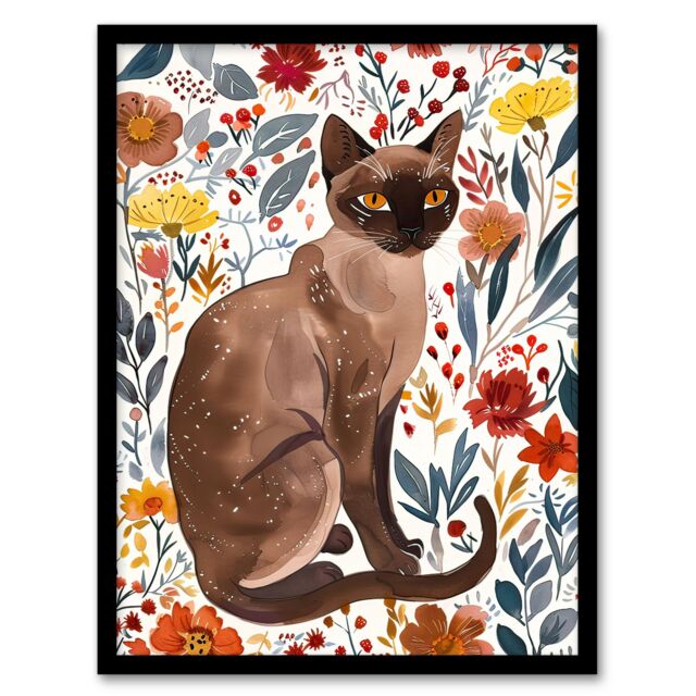 Artery8 Burmese Cat Lover Watercolour Autumn Wildflowers Framed Wall Art - Size: A4 - image 1