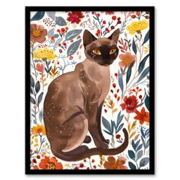 Artery8 Burmese Cat Lover Watercolour Autumn Wildflowers Framed Wall Art - Size: A4 - thumbnail 1