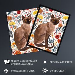 Artery8 Burmese Cat Lover Watercolour Autumn Wildflowers Framed Wall Art - Size: A4 - thumbnail 2