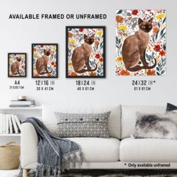 Artery8 Burmese Cat Lover Watercolour Autumn Wildflowers Framed Wall Art - Size: A4 - thumbnail 3