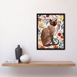 Artery8 Burmese Cat Lover Watercolour Autumn Wildflowers Framed Wall Art - Size: A4 - thumbnail 4