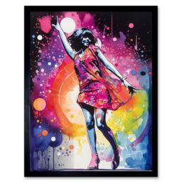 "Artery8 Wall Art Print Disco Music Fever Dance Moves Woman in Rainbow Dancefloor Light Modern Watercolour Painting Art Framed - Size: W12"" x H16""" - thumbnail 1
