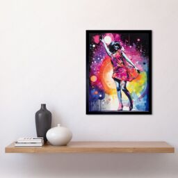 "Artery8 Wall Art Print Disco Music Fever Dance Moves Woman in Rainbow Dancefloor Light Modern Watercolour Painting Art Framed - Size: W12"" x H16""" - thumbnail 2