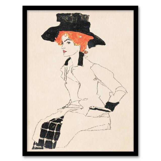 Artery8 Egon Schiele Framed Wall Art Print Portrait of a Woman with Black Hat in Beige - Size: A4 - image 1