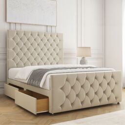 "BSSPOKE Maya Velvet Divan Bed 54""Headboard & Footboard 4Drawers & No Mattress in Cream - Size: King" - thumbnail 2