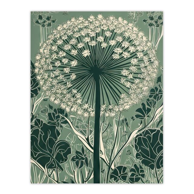 Artery8 Wall Art Print Single Allium Flower Modern Painting Green White Florets Wildflower Spring Bloom Nature Colourful Bright Floral Modern Artwork - image 1