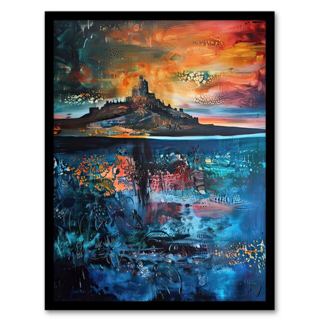 "Artery8 Lindisfarne Castle Holy Island Sunset Abstract Framed Art Print in Blue - Size: W12"" x H16""" - image 1