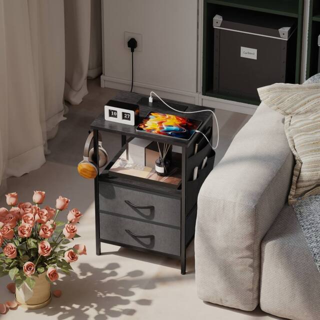 HOMCOM Slim Side Table with Charging Station, Bedside Table, Black - image 1