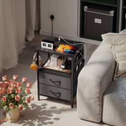 HOMCOM Slim Side Table with Charging Station, Bedside Table, Black - thumbnail 1