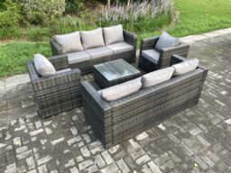 Fimous Rattan Garden Furniture Set 8 Seater Patio Outdoor Lounge Sofa Set with 2 Armchairs Square Coffee Table Dark Grey Mixed - thumbnail 2