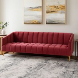 Orsina 3‑Seat Wine Velvet Sofa With Brushed Gold Stainless Steel Legs, Bold Channel Tufted Luxury Lounge Sofa in Red