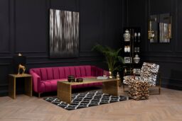 Orsina 3‑Seat Wine Velvet Sofa With Brushed Gold Stainless Steel Legs, Bold Channel Tufted Luxury Lounge Sofa in Red - thumbnail 2