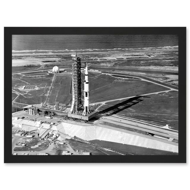 Artery8 Space Nasa Aerial View Apollo 11 Saturn V Rocket USA Moon Mission Artwork Framed Wall Art Print A4 in Black - image 1