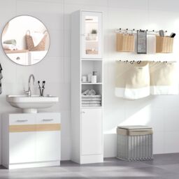 Kleankin Bathroom Floor Cabinet Narrow Storage Cabinet with Mirror Adjustable in White