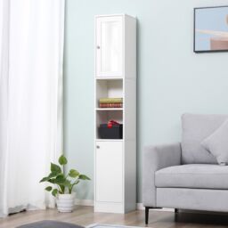 Kleankin Bathroom Floor Cabinet Narrow Storage Cabinet with Mirror Adjustable in White - thumbnail 4