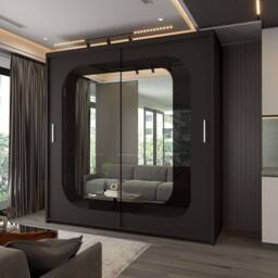 Sliding Wardrobes 4U Modern Double Door Sliding Wardrobe With LED Light W203cm x H217cm in Black - thumbnail 1