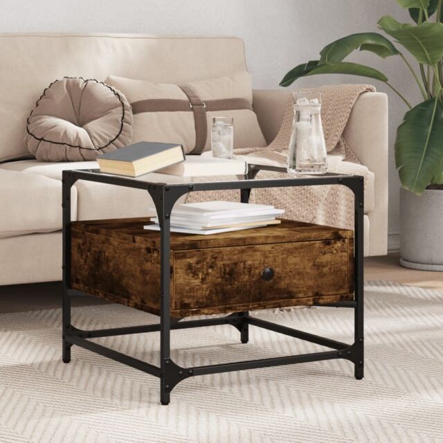 Berkfield Home Coffee Table with Glass Top Smoked Oak 50x50x45 cm Steel in Brown - Size: 50 x 50 x 45 cm - image 1