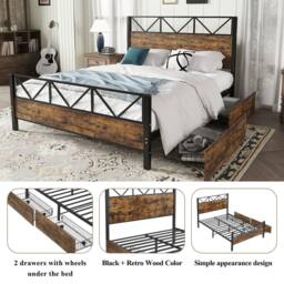BTM Metal Storage Bed with 2 Drawers, Black & Wood Finish - Size: Double - thumbnail 5