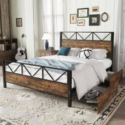 BTM Metal Storage Bed with 2 Drawers, Black & Wood Finish - Size: Double - thumbnail 1