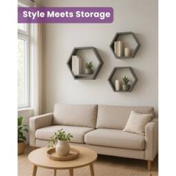 Nordara Grey Set of 3 Hexagon Floating Wall Hanging Shelf Honeycomb Storage - thumbnail 1