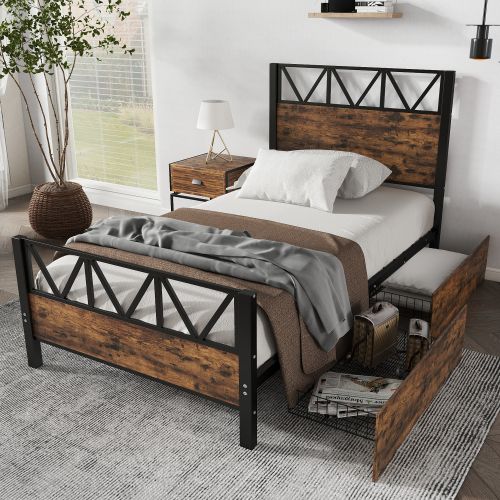 Matteo Metal Bed, 3FT Single Bed With 2 Drawerss, Durable & Sturdy in Black - Size: Double - image 1
