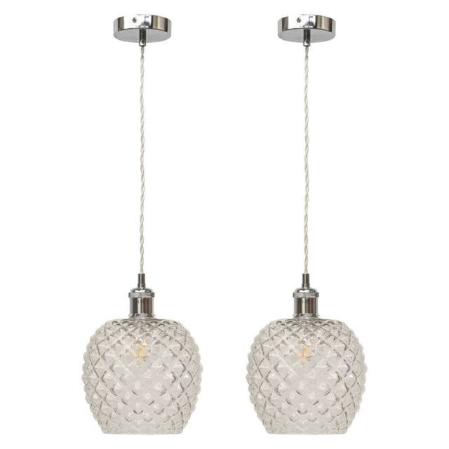 First Choice Lighting Set of 2 Baine - Clear Textured Glass Chrome Retro Pendant Fittings - image 1