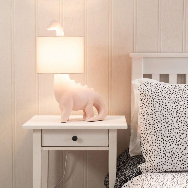 ValueLights Kids Pink Dinosaur Bedside Table Lamp with Drum Fabric Shade - image 1