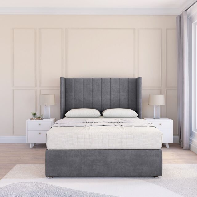 "Sloomy Falcon Coniston Wingback Bed Set, No Drawers & 54"" Floor Standing Headboard in Dark Grey - Size: Small Single" - image 1