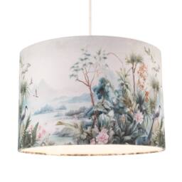Happy Homewares Jungle & Mountain Velvet Fabric Shade with Pink Flowers & Birds in Green - Size: 12 inches - thumbnail 2