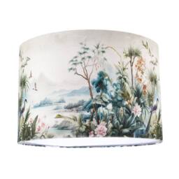 Happy Homewares Jungle & Mountain Velvet Fabric Shade with Pink Flowers & Birds in Green - Size: 12 inches