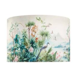 Happy Homewares Jungle & Mountain Velvet Fabric Shade with Pink Flowers & Birds in Green - Size: 12 inches - thumbnail 3