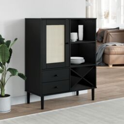 Berkfield Home Highboard SENJA Rattan Look Black 90x40x112cm Solid Wood Pine - Size: 90 x 40 x 112 cm