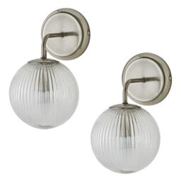 ValueLights Kempton Pair of Ribbed Glass Globe Shade Wall Lights with Bulbs in Silver