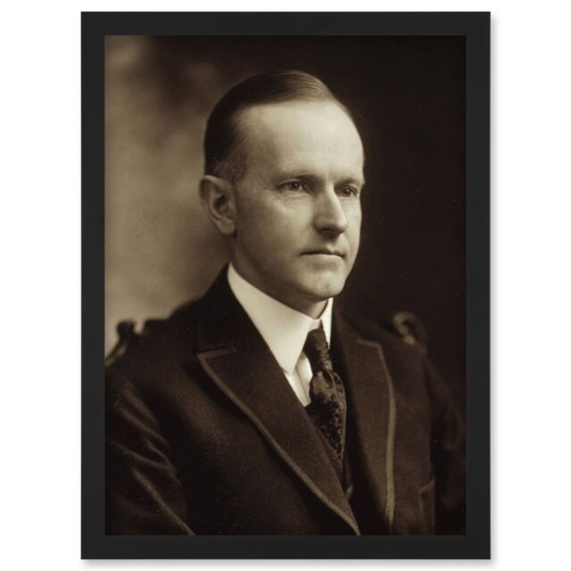 Artery8 US President Calvin Coolidge Portrait Photo Artwork Framed Wall Art Print A4 in Black - image 1
