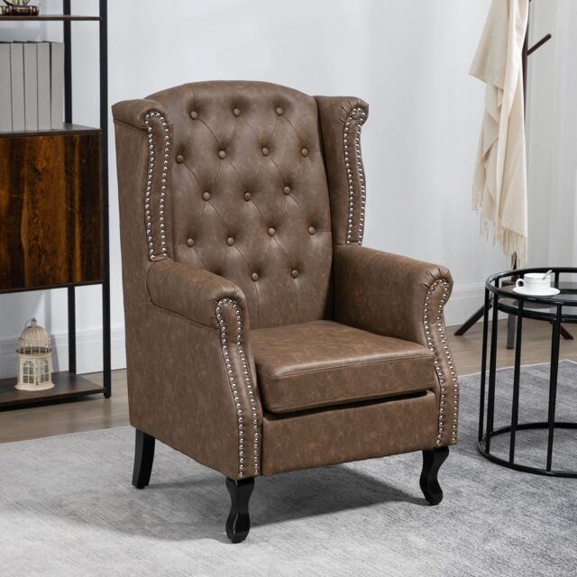 HOMCOM Wingback Armchair Chesterfield-style High Back Chair Tufted Accent Chair in Brown - image 1
