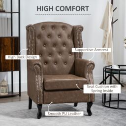 HOMCOM Wingback Armchair Chesterfield-style High Back Chair Tufted Accent Chair in Brown - thumbnail 4