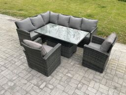 Fimous Wicker PE Outdoor Rattan Garden Furniture Set Height Adjustable Rising Lifting Table Sofa Dining Set with 2 Armchairs Dark Grey Mixed - thumbnail 1