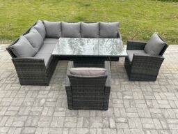 Fimous Wicker PE Outdoor Rattan Garden Furniture Set Height Adjustable Rising Lifting Table Sofa Dining Set with 2 Armchairs Dark Grey Mixed - thumbnail 2