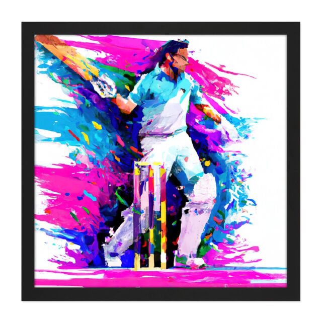 "Artery8 Wall Art Print Sports Cricket Colourful Pink Blue Batsman Watercolour Oil Painting Square Framed Picture 16X16 Inch - Size: W16"" x H16""" - image 1