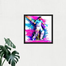 "Artery8 Wall Art Print Sports Cricket Colourful Pink Blue Batsman Watercolour Oil Painting Square Framed Picture 16X16 Inch - Size: W16"" x H16""" - thumbnail 2