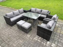 Fimous Rattan Garden Outdoor Furniture Sofa Garden Dining Set with Patio Dining Table 2 Armchairs Small Footstools in Dark Grey - thumbnail 1