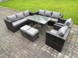 Fimous Rattan Garden Outdoor Furniture Sofa Garden Dining Set with Patio Dining Table 2 Armchairs Small Footstools in Dark Grey - thumbnail 2