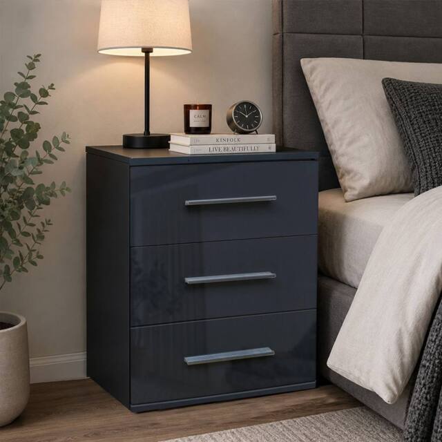 KDMD Swindon Gloss Black 3 Drawer Bedside Cabinet - image 1