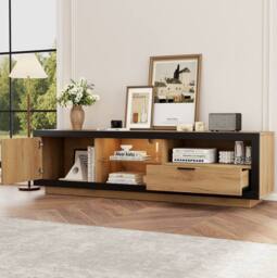 STILVORA TV Stand with Drawer, Cabinet & LED Lights, 160 x 40 x 50 cm in Natural - thumbnail 3