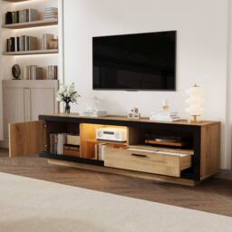 STILVORA TV Stand with Drawer, Cabinet & LED Lights, 160 x 40 x 50 cm in Natural