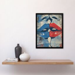 "Artery8 Wall Art Print Pop Art Kiss Cartoon Pride LGBT Red Blue Love Art Framed Poster in Black - Size: W12"" x H16""" - thumbnail 4