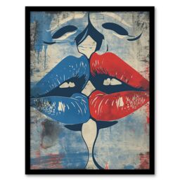 "Artery8 Wall Art Print Pop Art Kiss Cartoon Pride LGBT Red Blue Love Art Framed Poster in Black - Size: W12"" x H16""" - thumbnail 1