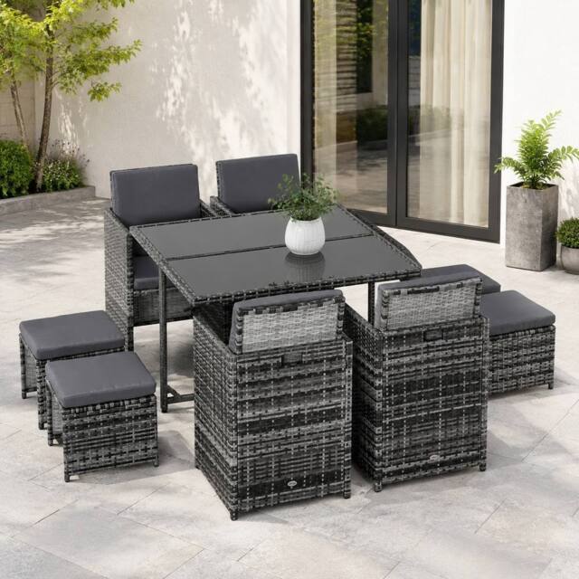 STILVORA Dining Set 8-Seater with cushions grey rattan - image 1