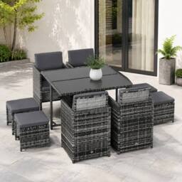 STILVORA Dining Set 8-Seater with cushions grey rattan